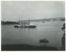HMS Royal Arthur returning salute of HMS Imperieuse on change of command in Esquimalt Harbour