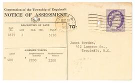 Township of Esquimalt Notice of Assessment, 1959, for Janet Bowden