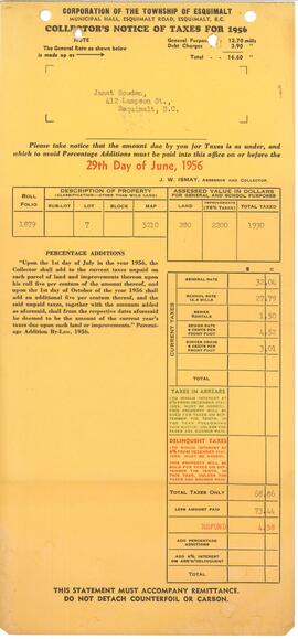 Township of Esquimalt Collector's Notice of taxes of 1956 for Janet Bowden