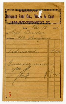 Receipt from Hillcrest fuel co. for Capt. Bowden
