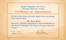 Royal Canadian Air Force Ground Observer Corps certificate for Frank Pellow