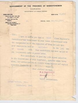 Letter from Saskatchewan's Department of Public Works notifying Robert Redhead that his certificate has been mailed