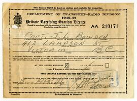 Private receiving radio license for Captain J. L. Bowden