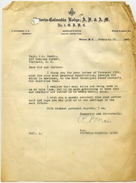 Letter to Capt. J. L. Bowden from the Victoria-Columbia Lodge