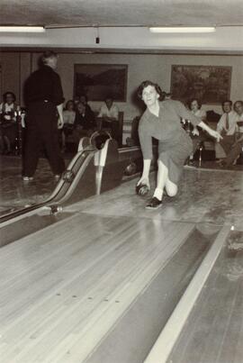 Mavis Parkinson throwing bowling ball for the Yarrows Bowling league