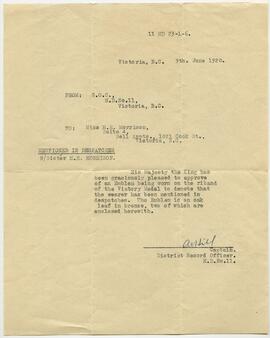 Letter to Ethel Morrison re. emblem worn with Victory Medal