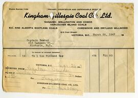 Invoice for Captain [Bowden] from Kingham Gillespie Coal Co. Ltd.