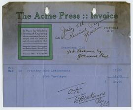 Invoice from the Acme Press (Victoria, BC) for the Over-Seas Club