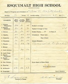 Esquimalt High School Report Card 1930