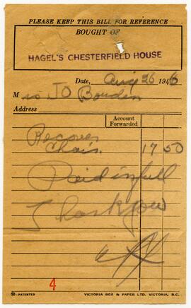 Receipt from Hagel's Chesterfield House for Mrs. J. O. Bowden