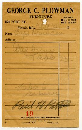 Receipt from furniture store, George C. Plowman, for Captain Bowden