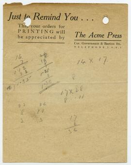 Scrap paper with calculations, that has an Acme Press header