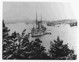 HMCS Rainbow in Esquimalt Harbour in winter