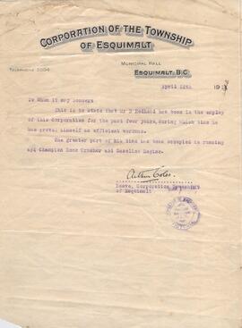 Letter of recommendation from the Township of Esquimalt for  Robert Redhead