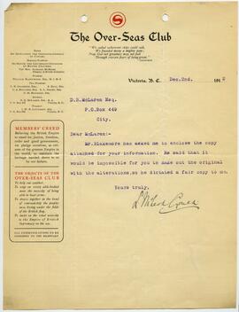 Memo to D. B. McLaren from the office of W. Blakemore (President of the Over-Seas Club)